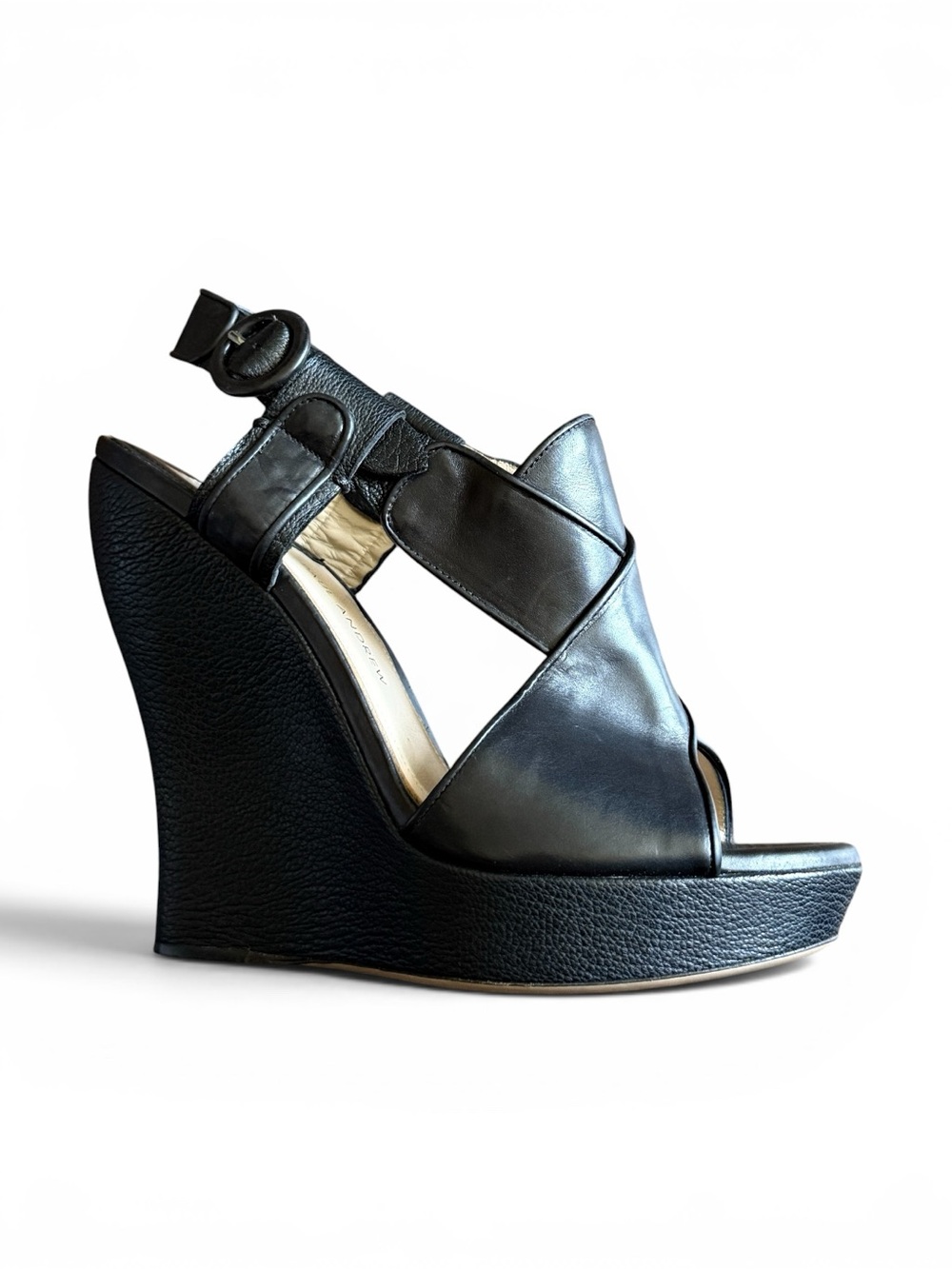 PAUL ANDREW Black Leather Crossover Platform Wedge Sandal Size 7 Women